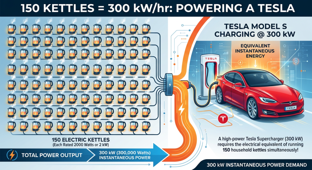 150 kettles equate to the power required to charge a Tesla.